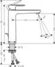 Einhebel-Waschtischmischer von Hansgrohe mit einem schlichten Design. Abmessungen und Anschlüsse sind im technischen Diagramm dargestellt.